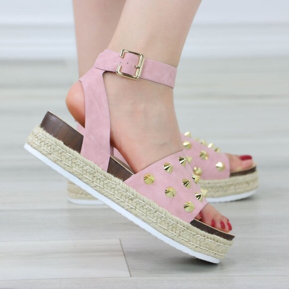 Pink Platform Espadrille Sandals Gold Studded Ankle Strap Open Toe - Picture 12 of 13